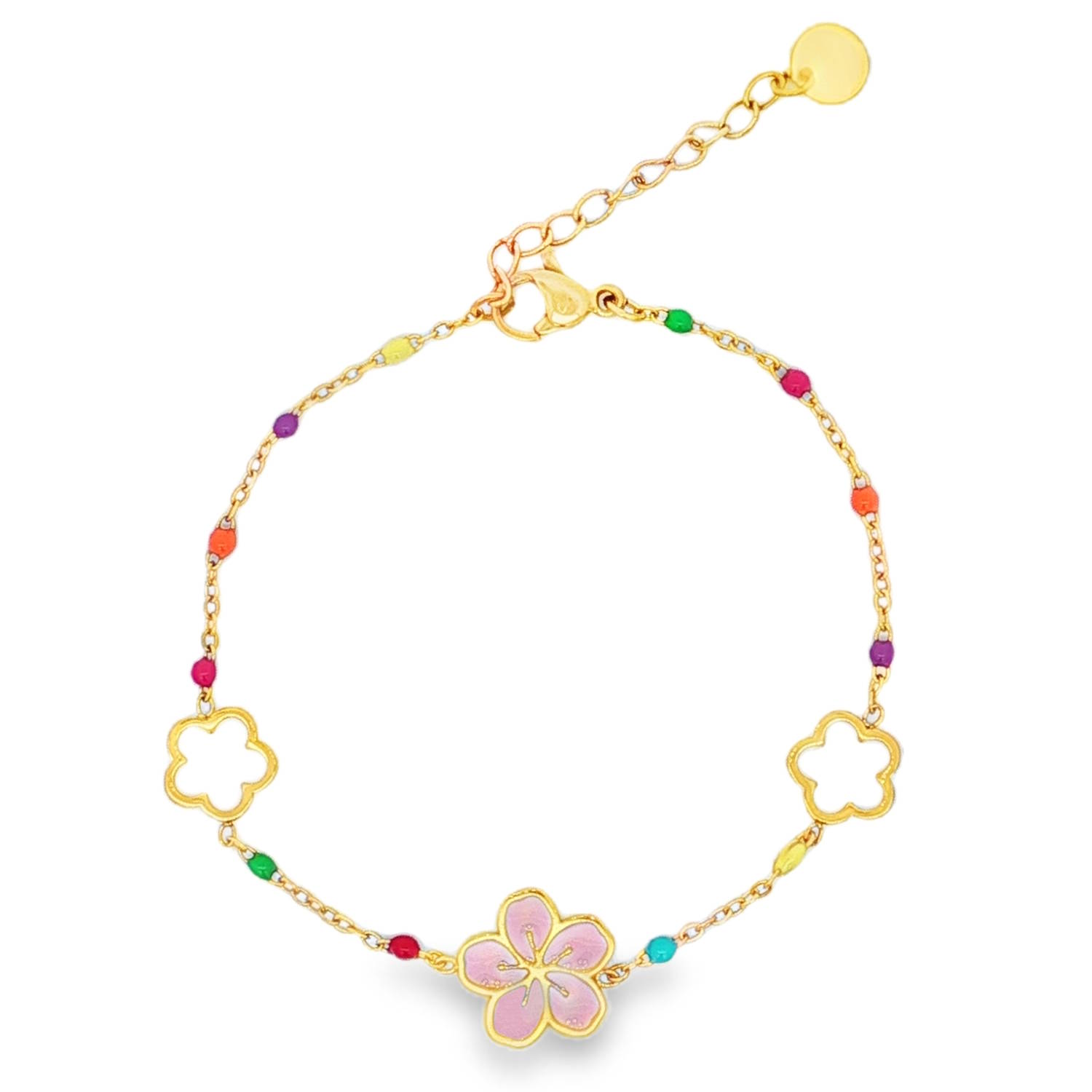 Ce délicat bracelet chaîne en acier doré présente un design floral ludique et coloré.<br/>Parfait pour ajouter une touche de fantaisie à votre quotidien, il est idéal pour les femmes souhaitant exprimer leur personnalité avec subtilité et élégance.<br/>Un bijou charmant qui illuminera votre poignet.<br/>Fermoir mousqueton avec 3 cm de rallonge. Perle Adolescent Adulte Automne Femme Fille Fleurs Hiver Nature Ce délicat bracelet chaîne en acier doré présente un design floral ludique et coloré.<br/>Parfait pour ajouter une touche de fantaisie à votre quotidien, il est idéal pour les femmes souhaitant exprimer leur personnalité avec subtilité et élégance.<br/>Un bijou charmant qui illuminera votre poignet.<br/>Fermoir mousqueton avec 3 cm de rallonge. Perle Adolescent Adulte Automne Femme Fille Fleurs Hiver Nature