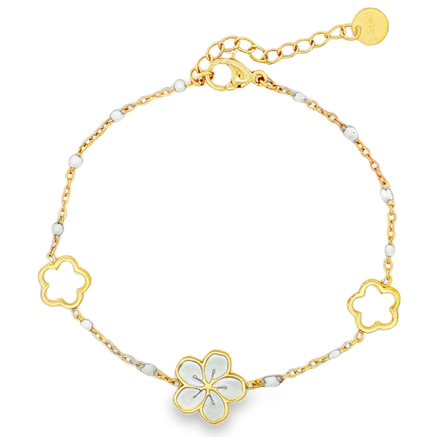Ce délicat bracelet chaîne en acier doré présente un design floral ludique et coloré.<br/>Parfait pour ajouter une touche de fantaisie à votre quotidien, il est idéal pour les femmes souhaitant exprimer leur personnalité avec subtilité et élégance.<br/>Un bijou charmant qui illuminera votre poignet.<br/>Fermoir mousqueton avec 3 cm de rallonge. Perle Adolescent Adulte Automne Femme Fille Fleurs Hiver Nature Ce délicat bracelet chaîne en acier doré présente un design floral ludique et coloré.<br/>Parfait pour ajouter une touche de fantaisie à votre quotidien, il est idéal pour les femmes souhaitant exprimer leur personnalité avec subtilité et élégance.<br/>Un bijou charmant qui illuminera votre poignet.<br/>Fermoir mousqueton avec 3 cm de rallonge. Perle Adolescent Adulte Automne Femme Fille Fleurs Hiver Nature