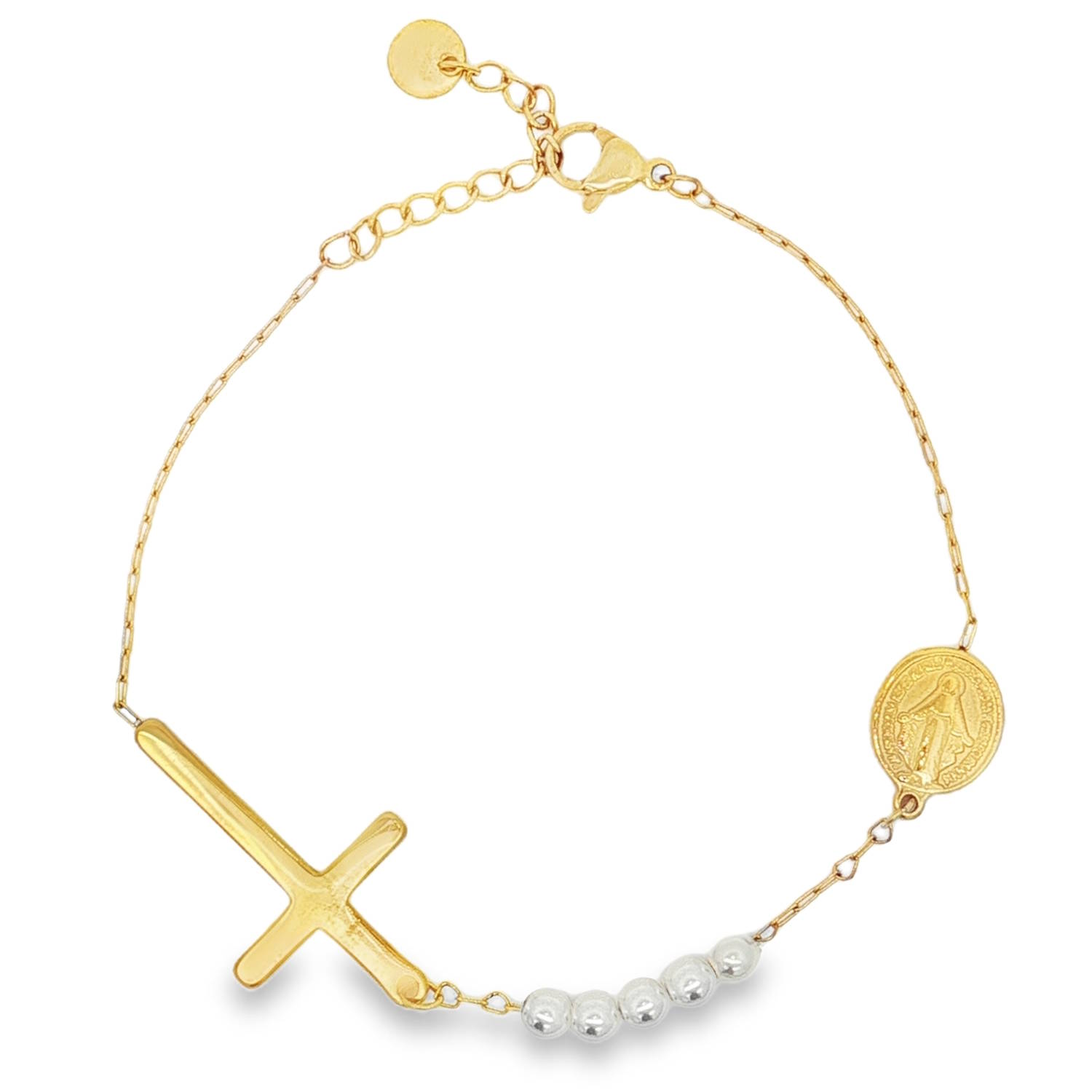 Ce délicat bracelet chaîne en acier doré présente un design raffiné.<br/>Il arbore une croix latérale et des perles blanches nacrées, agrémenté d'une médaille.<br/>Un bijou spirituel et élégant, parfait pour une touche de raffinement discret au quotidien.<br/>Fermoir mousqueton avec 3 cm de rallonge. Croix Perle Adolescent Adulte Communion Femme Fille Indémodable Personnage Religion Symboles Ce délicat bracelet chaîne en acier doré présente un design raffiné.<br/>Il arbore une croix latérale et des perles blanches nacrées, agrémenté d'une médaille.<br/>Un bijou spirituel et élégant, parfait pour une touche de raffinement discret au quotidien.<br/>Fermoir mousqueton avec 3 cm de rallonge. Croix Perle Adolescent Adulte Communion Femme Fille Indémodable Personnage Religion Symboles