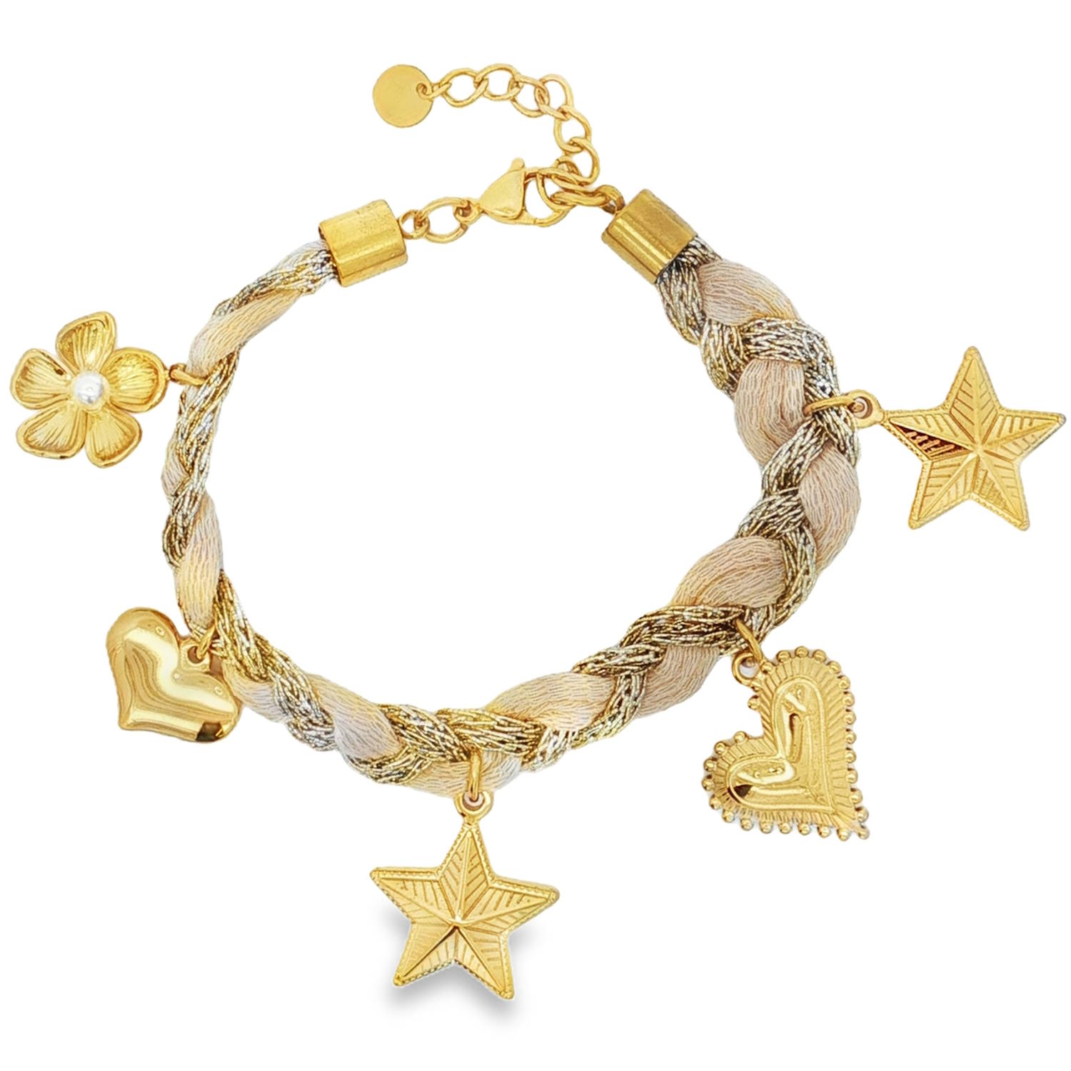 Ce bracelet de charme avec cordons doré et marron et orné de breloques cœurs, étoiles et fleur en acier doré, ajoutant une touche d'élégance discrète.<br/>Son design ludique en fait un accessoire parfait pour exprimer votre personnalité avec raffinement.<br/>Un bijou précieux et polyvalent, idéal pour toutes les occasions.<br/>Fermoir mousqueton avec 3 cm de rallonge. Coeur Cordon Etoile Perle Adolescent Adulte Amour Femme Fille Fleurs Indémodable Message Nature Ce bracelet de charme avec cordons doré et marron et orné de breloques cœurs, étoiles et fleur en acier doré, ajoutant une touche d'élégance discrète.<br/>Son design ludique en fait un accessoire parfait pour exprimer votre personnalité avec raffinement.<br/>Un bijou précieux et polyvalent, idéal pour toutes les occasions.<br/>Fermoir mousqueton avec 3 cm de rallonge. Coeur Cordon Etoile Perle Adolescent Adulte Amour Femme Fille Fleurs Indémodable Message Nature