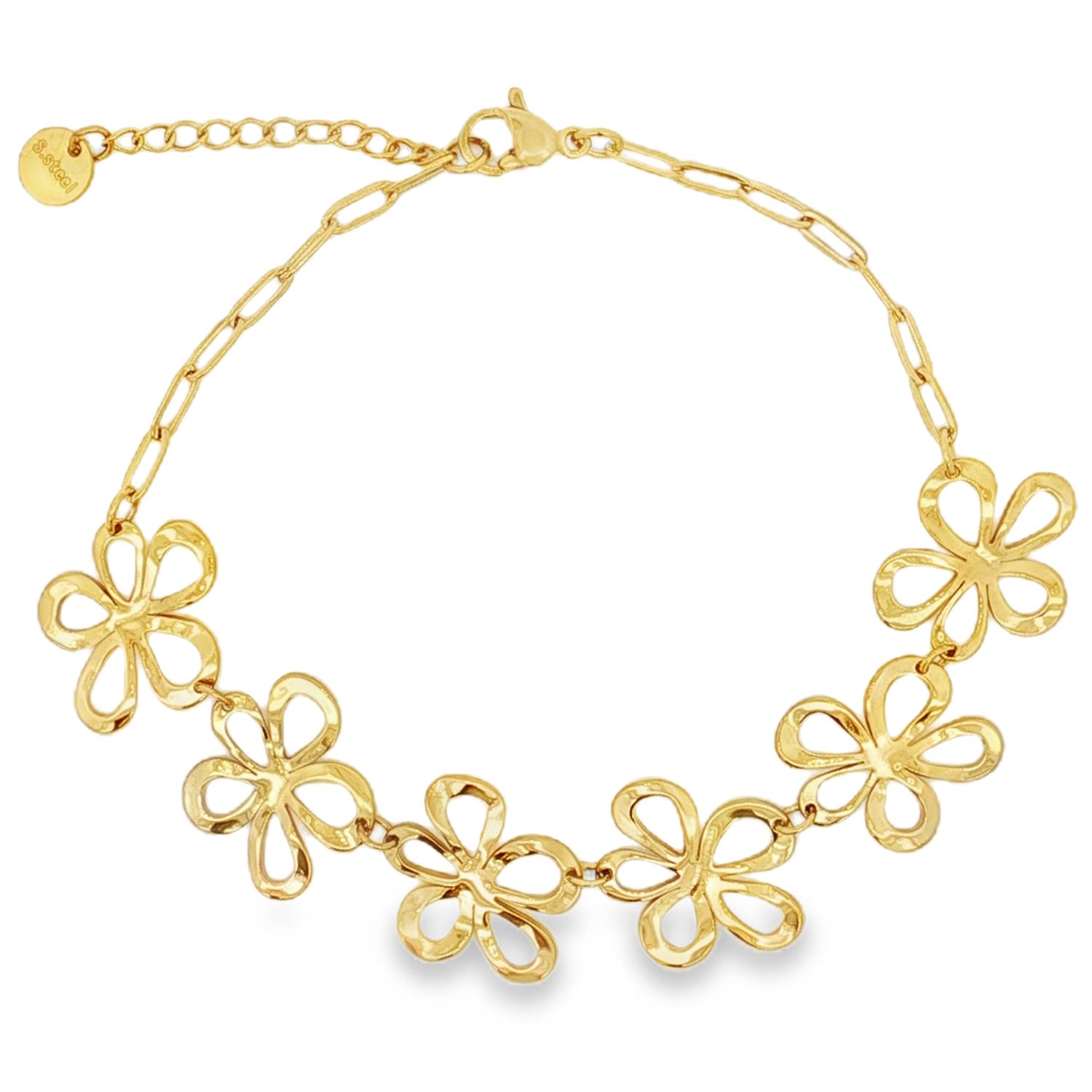 Ce bracelet chaîne en acier doré est une pièce délicate et élégante.<br/>Il arbore un design floral délicat.<br/>La chaîne fine et robuste assure un port confortable et sécurisé. Un accessoire parfait pour ajouter une touche de sophistication à toute tenue.<br/>Fermoir mousqueton avec 3 cm de rallonge. Adolescent Adulte Femme Fille Fleurs Indémodable Nature Ce bracelet chaîne en acier doré est une pièce délicate et élégante.<br/>Il arbore un design floral délicat.<br/>La chaîne fine et robuste assure un port confortable et sécurisé. Un accessoire parfait pour ajouter une touche de sophistication à toute tenue.<br/>Fermoir mousqueton avec 3 cm de rallonge. Adolescent Adulte Femme Fille Fleurs Indémodable Nature