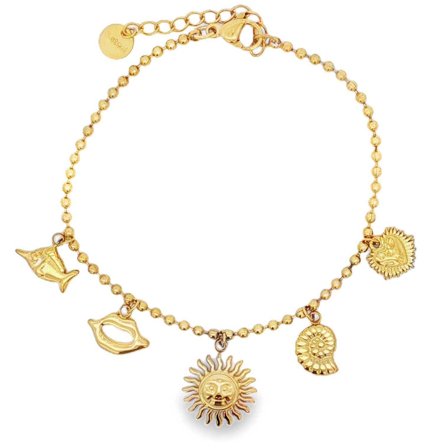 Rehaussez votre style avec ce charmant bracelet en acier doré.<br/>Ses breloques ludiques, incluant des motifs de poisson, de bouche, de soleil et de coquillage, apportent une touche estivale et enjouée.<br/>Idéal pour ajouter une note de fantaisie à votre tenue quotidienne ou pour un cadeau original.<br/>Fermoir mousqueton avec 3 cm de rallonge. Coeur Coquillage Lèvres Poisson Soleil Adolescent Adulte Amour Animaux Femme Fille Indémodable Nature Rehaussez votre style avec ce charmant bracelet en acier doré.<br/>Ses breloques ludiques, incluant des motifs de poisson, de bouche, de soleil et de coquillage, apportent une touche estivale et enjouée.<br/>Idéal pour ajouter une note de fantaisie à votre tenue quotidienne ou pour un cadeau original.<br/>Fermoir mousqueton avec 3 cm de rallonge. Coeur Coquillage Lèvres Poisson Soleil Adolescent Adulte Amour Animaux Femme Fille Indémodable Nature