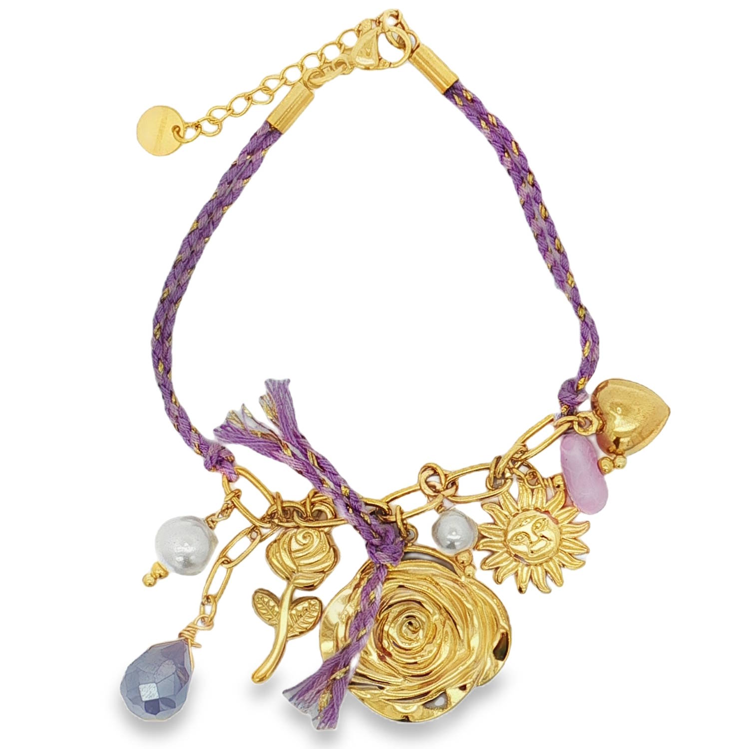 Ce bracelet à cordon doré et violet à breloques en acier doré est un véritable symbole d'élégance et de fantaisie.<br/>Chaque breloque, délicatement travaillée, ajoute une touche unique.<br/>Le bracelet est orné de perles nacrées. Ce bijou apportera une note sophistiquée à toutes vos tenues.<br/>Fermoir mousqueton avec 3 cm de rallonge. Coeur Perle Adolescent Adulte Amour Femme Fille Fleurs Indémodable Nature Ce bracelet à cordon doré et violet à breloques en acier doré est un véritable symbole d'élégance et de fantaisie.<br/>Chaque breloque, délicatement travaillée, ajoute une touche unique.<br/>Le bracelet est orné de perles nacrées. Ce bijou apportera une note sophistiquée à toutes vos tenues.<br/>Fermoir mousqueton avec 3 cm de rallonge. Coeur Perle Adolescent Adulte Amour Femme Fille Fleurs Indémodable Nature
