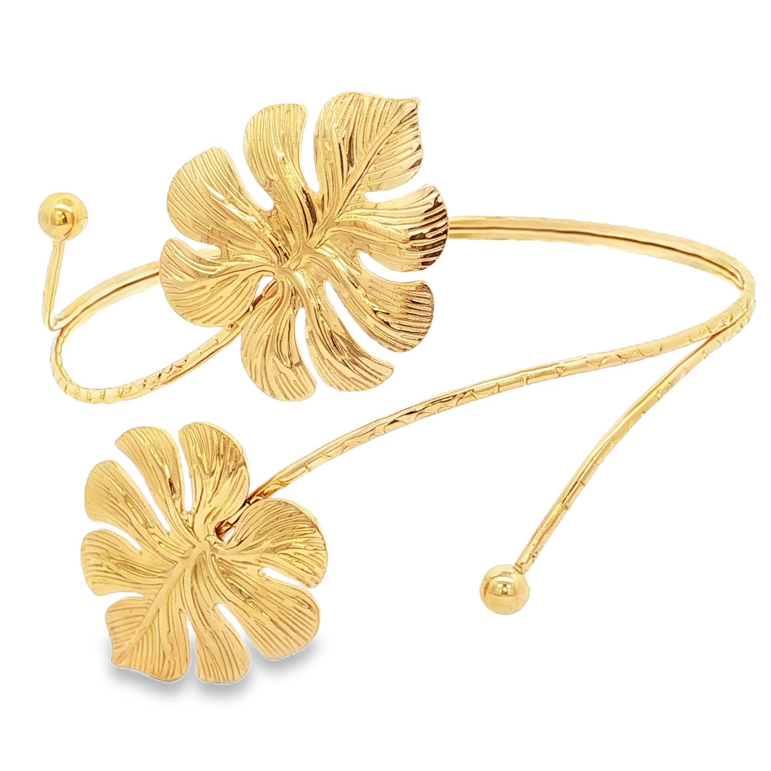 Apportez une touche d'exotisme et de sophistication à votre allure avec ce bracelet de bras au design sculptural en acier doré.<br/>Inspiré par la richesse de la flore tropicale, le bracelet met à l'honneur deux feuilles de Monstera finement ciselées. Les nervures détaillées et le fini brillant capturent la lumière pour un effet solaire immédiat.<br/>Un mélange parfait entre le style bohème-chic et l'élégance moderne. Il se porte idéalement sur peau nue avec une robe sans manches ou un top asymétrique. Manchette Adolescent Adulte Femme Fille Fleurs Indémodable Nature Apportez une touche d'exotisme et de sophistication à votre allure avec ce bracelet de bras au design sculptural en acier doré.<br/>Inspiré par la richesse de la flore tropicale, le bracelet met à l'honneur deux feuilles de Monstera finement ciselées. Les nervures détaillées et le fini brillant capturent la lumière pour un effet solaire immédiat.<br/>Un mélange parfait entre le style bohème-chic et l'élégance moderne. Il se porte idéalement sur peau nue avec une robe sans manches ou un top asymétrique. Manchette Adolescent Adulte Femme Fille Fleurs Indémodable Nature