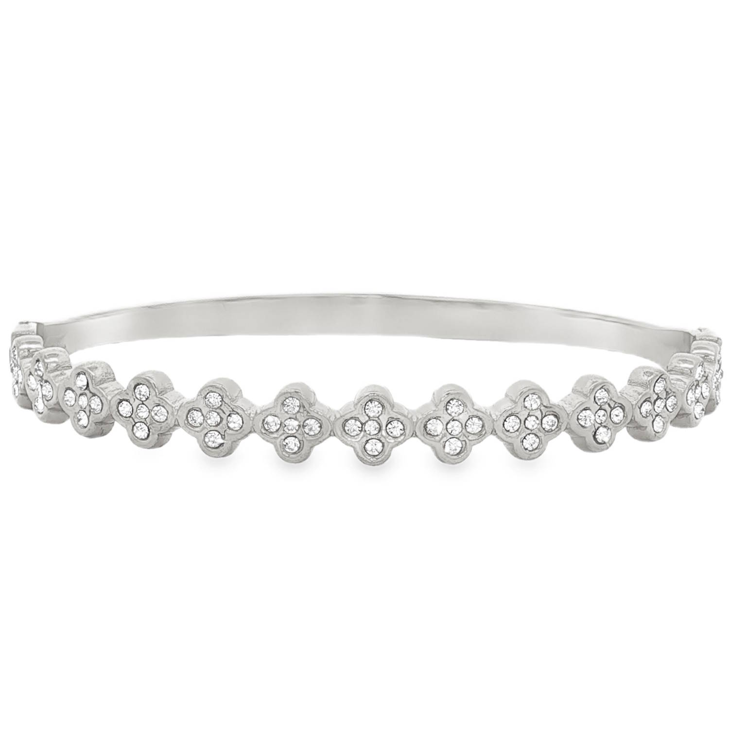 Apportez une touche d'élégance intemporelle et de modernité à votre poignet avec ce magnifique bracelet jonc rigide conçu en acier inoxydable.<br/>La face avant du bracelet se distingue par une succession de motifs délicats en forme de trèfles à quatre feuilles, symboles de chance et de raffinement. Chaque motif est minutieusement incrusté de strass scintillants qui captent intensément la lumière à chacun de vos mouvements.<br/>Doté d'une fermeture discrète à charnière, ce bracelet s'enfile et se retire en toute simplicité tout en garantissant un maintien sécurisé tout au long de la journée. Jonc Rigide Strass Adolescent Adulte Femme Fille Indémodable Nature Apportez une touche d'élégance intemporelle et de modernité à votre poignet avec ce magnifique bracelet jonc rigide conçu en acier inoxydable.<br/>La face avant du bracelet se distingue par une succession de motifs délicats en forme de trèfles à quatre feuilles, symboles de chance et de raffinement. Chaque motif est minutieusement incrusté de strass scintillants qui captent intensément la lumière à chacun de vos mouvements.<br/>Doté d'une fermeture discrète à charnière, ce bracelet s'enfile et se retire en toute simplicité tout en garantissant un maintien sécurisé tout au long de la journée. Jonc Rigide Strass Adolescent Adulte Femme Fille Indémodable Nature