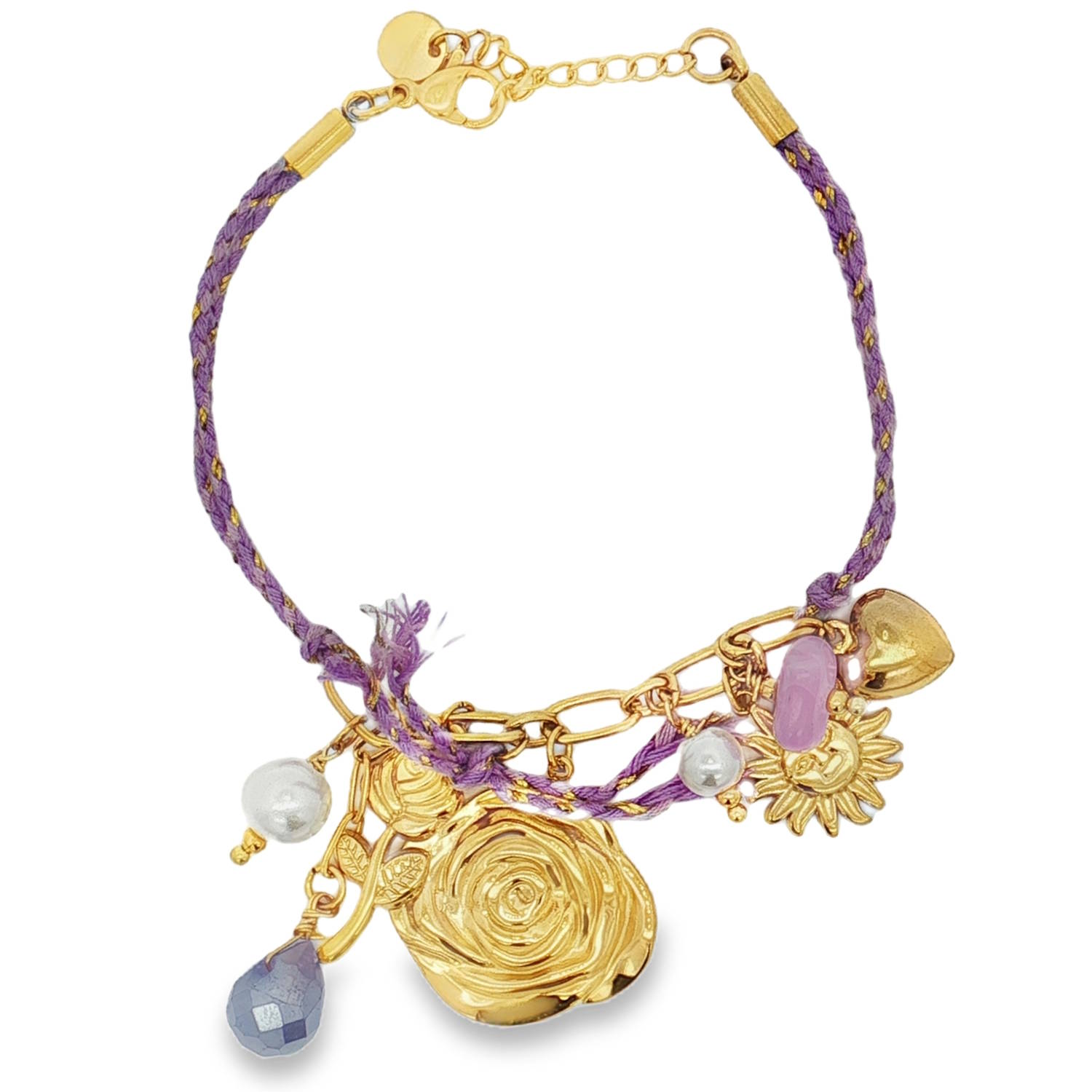 Ce bracelet à cordon doré et violet à breloques en acier doré est un véritable symbole d'élégance et de fantaisie.<br/>Chaque breloque, délicatement travaillée, ajoute une touche unique.<br/>Le bracelet est orné de perles nacrées. Ce bijou apportera une note sophistiquée à toutes vos tenues.<br/>Fermoir mousqueton avec 3 cm de rallonge. Coeur Perle Adolescent Adulte Amour Femme Fille Fleurs Indémodable Nature Ce bracelet à cordon doré et violet à breloques en acier doré est un véritable symbole d'élégance et de fantaisie.<br/>Chaque breloque, délicatement travaillée, ajoute une touche unique.<br/>Le bracelet est orné de perles nacrées. Ce bijou apportera une note sophistiquée à toutes vos tenues.<br/>Fermoir mousqueton avec 3 cm de rallonge. Coeur Perle Adolescent Adulte Amour Femme Fille Fleurs Indémodable Nature