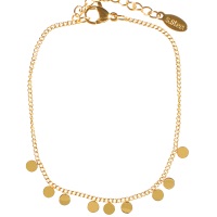 Bracelet composé d'une chaîne et de pampilles rondes en acier doré. Fermoir mousqueton avec une rallonge de 3 cm.