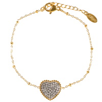 Bracelet composé d'une chaîne avec boules en acier doré et un cœur pavé de strass. Fermoir mousqueton avec 3 cm de rallonge.