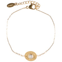 Bracelet composé d'une chaîne en acier doré avec quelques perles cylindriques de couleur blanche et d'une pastille ronde au motif d'étoile en acier doré surmontée d'une pierre de couleur blanche de forme ronde au centre. Fermoir mousqueton avec 3 cm de rallonge.
