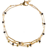 Bracelet double rangs composé d'une chaîne avec cubes en acier doré et perles de couleur noire et une chaîne avec une partie en maille large en acier doré et pampilles de perles de couleur noire. Fermoir mousqueton avec 2.5 cm de rallonge.
