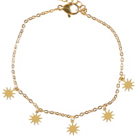 Bracelet avec 5 pampilles étoiles en acier 316L doré. Fermoir mousqueton avec 3 cm de rallonge.