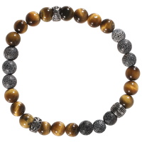 Bracelet élastique pour homme composé de perles de couleur grise et marron et perles cylindriques en acier argenté.