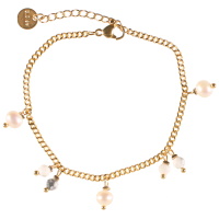 Bracelet composé d'une chaîne en acier doré et de pampilles de perles de couleur blanche et perles de nacre. Fermoir mousqueton avec 3 cm de rallonge.