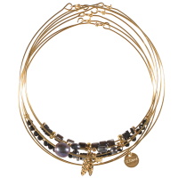 Lot de 7 bracelets joncs fins avec pendants (flocon de neige) et perles en acier doré et perles de couleur noire et grise.