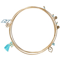 Lot de 4 bracelets joncs fins avec pendants pastilles rondes martelées, feuille et fleur en acier doré, une feuille en acier doré pavée d'émail de couleur turquoise, pompon en textile et perles de couleur turquoise.