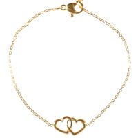 Bracelet composé d'une chaîne et de deux cœurs entrelacés en acier doré. Fermoir mousqueton avec 3 cm de rallonge.