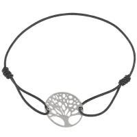 Bracelet composé d'un cordon élastique en coton de couleur noir et d'un arbre de vie en acier argenté.