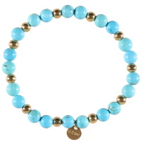 Bracelet élastique composé de perles en acier doré et de perles en pierre d'imitation turquoise.