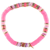 Bracelet élastique composé de perles cylindriques heishi en acier doré, résine synthétique et caoutchouc de couleur acidulée.