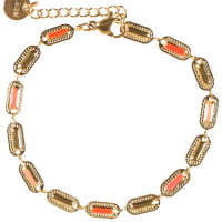 Bracelet composé d'une chaîne de pastilles rectangulaires arrondies en acier doré pavées en alternance en émail de couleur rouge et rose. Fermoir mousqueton avec 3 cm de rallonge.