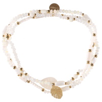 Lot de 3 bracelets élastiques composé de perles en acier doré, de perles de couleur blanche, d'une feuille en pierre de couleur blanche et d'un pendant en forme de feuille philodendron en acier doré.