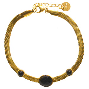 Bracelet composé d'une chaîne maille serpent en acier doré surmonté de deux cabochons de couleur noir et d'une pierre de couleur noire sertie clos. Fermoir mousqueton avec 3 cm de rallonge.