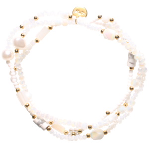 Lot de 3 bracelets élastiques composés de perles en acier doré et de perles de couleur blanche.