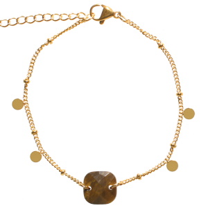 Bracelet composé d'une chaîne avec pampilles rondes en acier doré et d'une pierre de couleur marron de forme carré. Fermoir mousqueton avec 3 cm de rallonge.