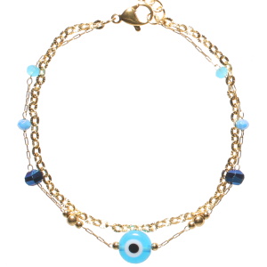 Bracelet double rangs composé d'une chaîne en acier doré et d'une chaîne avec perles en acier doré, de perles de couleur bleue et d'une pierre avec le dessin d'un œil de Turquie. Fermoir mousqueton avec 3 cm de rallonge.