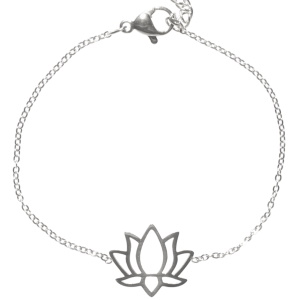 Bracelet composé d'une chaîne et d'une fleur de lotus en acier argenté. Fermoir mousqueton avec 3 cm de rallonge.
