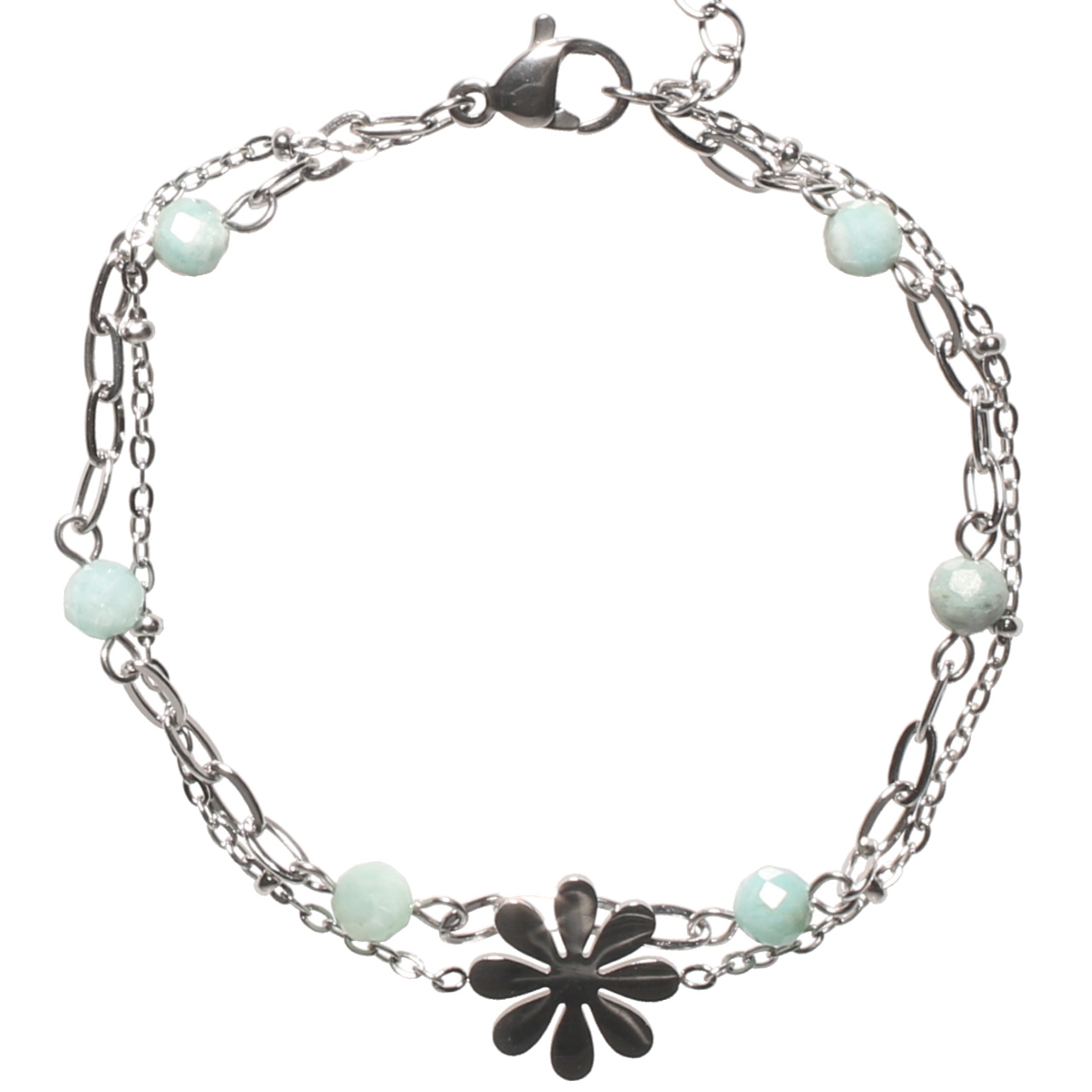 Bracelet double rangs composé d'une chaîne avec une fleur en acier argenté et d'une chaîne en acier argenté et de perles de couleur bleue turquoise. Fermoir mousqueton avec 3 cm de rallonge.