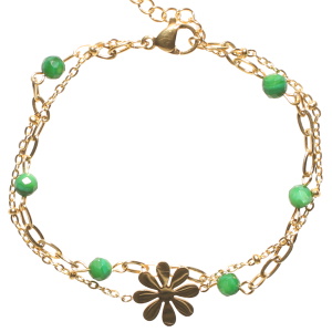 Bracelet double rangs composé d'une chaîne avec une fleur en acier doré et d'une chaîne en acier doré et de perles de couleur verte. Fermoir mousqueton avec 3 cm de rallonge.