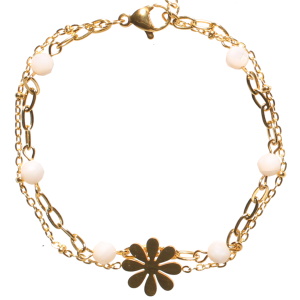 Bracelet double rangs composé d'une chaîne avec une fleur en acier doré et d'une chaîne en acier doré et de perles de couleur blanche. Fermoir mousqueton avec 3 cm de rallonge.