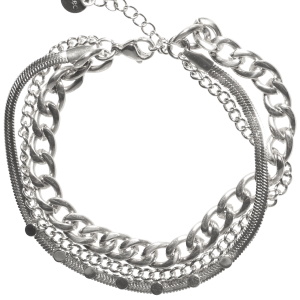 Bracelet triple rangs composé d'une chaîne maille serpent en acier argenté, d'une chaîne grosse maille en acier argenté et d'une chaîne avec pampilles rondes en acier argenté. Fermoir mousqueton avec 3 cm de rallonge.