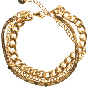 Bracelet triple rangs composé d'une chaîne maille serpent en acier doré, d'une chaîne grosse maille en acier doré et d'une chaîne avec pampilles rondes en acier doré. Fermoir mousqueton avec 3 cm de rallonge.