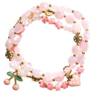 Lot de 3 bracelets élastiques composés de perles en acier doré, de fleurs roses, de perles rondes et cylindriques de couleur rose, et de deux pendants cerise et fraise en acier doré pavés d'émail de couleur.