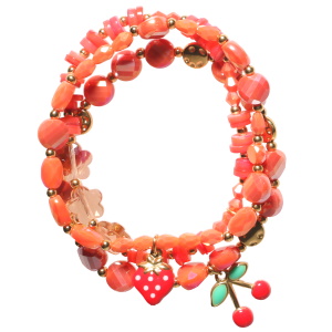 Lot de 3 bracelets élastiques composés de perles en acier doré, de fleurs rouges, de perles rondes et cylindriques de couleur rouge, et de deux pendants cerise et fraise en acier doré pavés d'émail de couleur.