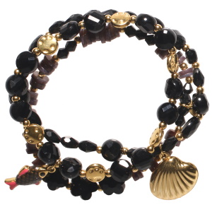 Lot de 3 bracelets élastiques composés de perles en acier doré, de fleurs noires, de perles rondes et cylindriques de couleur noire, et de deux pendants coquillage et poisson en acier doré pavés d'émail de couleur.