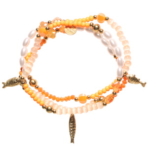 Lot de 3 bracelets élastiques composés de perles rondes en acier doré, de perles orange, de perles blanches nacrées et de poissons en acier doré.
