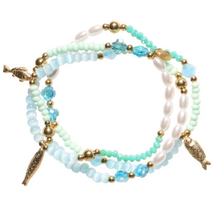 Lot de 3 bracelets élastiques composés de perles rondes en acier doré, de perles bleues, de perles blanches nacrées et de poissons en acier doré.