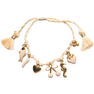 Bracelet composé d'un cordon marron et doré, de pendants cœur, perles et hippocampe en acier doré et de pendants fraise, cerise, piment et poisson en acier doré pavés d'émail de couleur.
