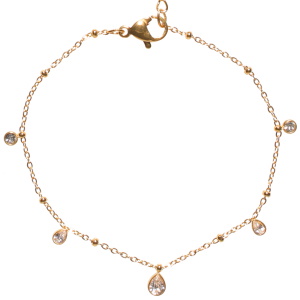 Bracelet composé d'une chaîne en acier doré avec des pampilles gouttes serties clos de strass. Fermoir mousqueton avec 3 cm de rallonge.