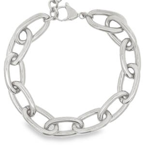 Rehaussez votre style avec ce bracelet à maillons audacieux en acier argenté. Une pièce maîtresse qui capture la lumière et ajoute une touche de luxe à chaque geste. Idéal pour superposer ou à porter seul pour un impact maximal. Fermoir mousqueton avec 3 cm de rallonge.