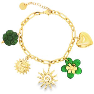 Illuminez votre style avec ce charmant bracelet en acier doré. Les breloques fantaisistes, incluant un cœur doré, une fleur verte, et des soleils rayonnants, apportent une touche ludique et ensoleillée. Idéal pour ajouter une note d'originalité à votre quotidien ou pour offrir un cadeau pétillant et mémorable. Fermoir mousqueton avec 3 cm de rallonge.