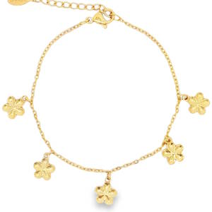 Ce délicat bracelet à breloques en acier doré est une pièce ravissante. Fabriqué avec soin, il est doté de charmantes breloques florales qui ajoutent une touche de fantaisie et d'élégance. Ce bracelet est idéal pour celles qui recherchent un bijou subtil mais distinctif, parfait pour toutes les occasions. Fermoir mousqueton avec 3 cm de rallonge.