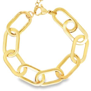 Rehaussez votre style avec ce bracelet à maillons plats éclatants en acier doré. Confectionné avec précision, chaque maillon reflète la lumière, offrant un éclat luxueux. Parfait pour ajouter une touche d'élégance à votre tenue quotidienne ou pour compléter une occasion spéciale.