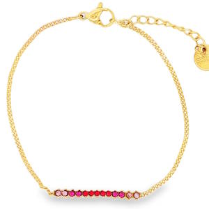 Ce somptueux bracelet chaîne en acier doré se distingue par son élégance contemporaine. La monture raffinée met en valeur un pavage de strass de taille brillant, offrant un dégradé de couleurs rose et rouge éclatantes et une clarté exceptionnelle. Une pièce sophistiquée alliant design moderne et prestige des pierres fines, idéale pour rehausser n'importe quelle tenue avec distinction. Fermoir mousqueton avec 3 cm de rallonge.
