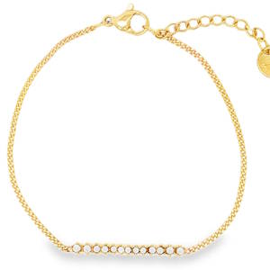 Ce somptueux bracelet chaîne en acier doré se distingue par son élégance contemporaine. La monture raffinée met en valeur un pavage de strass de taille brillant, offrant une couleur éclatante et une clarté exceptionnelle. Une pièce sophistiquée alliant design moderne et prestige des pierres fines, idéale pour rehausser n'importe quelle tenue avec distinction. Fermoir mousqueton avec 3 cm de rallonge.
