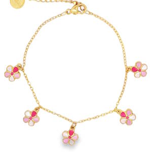 Sublime bracelet à charms en acier doré.<r/>Sa chaîne délicate est ornée de multiples breloques en forme de fleur émaillée de couleurs roses. Chaque élément est agencé avec une symétrie parfaite, offrant un mouvement fluide et gracieux. Une pièce d'exception idéale pour sublimer le poignet avec une sophistication discrète et luxueuse. Fermoir mousqueton avec 3 cm de rallonge.
