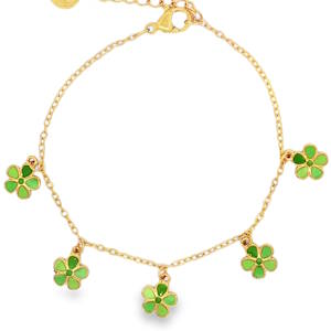 Sublime bracelet à charms en acier doré.<r/>Sa chaîne délicate est ornée de multiples breloques en forme de fleur émaillée de couleurs vertes. Chaque élément est agencé avec une symétrie parfaite, offrant un mouvement fluide et gracieux. Une pièce d'exception idéale pour sublimer le poignet avec une sophistication discrète et luxueuse. Fermoir mousqueton avec 3 cm de rallonge.
